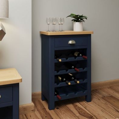 Product photograph of Westbridge Wine Rack Oak Blue 4 Shelves 1 Drawer from QD stores